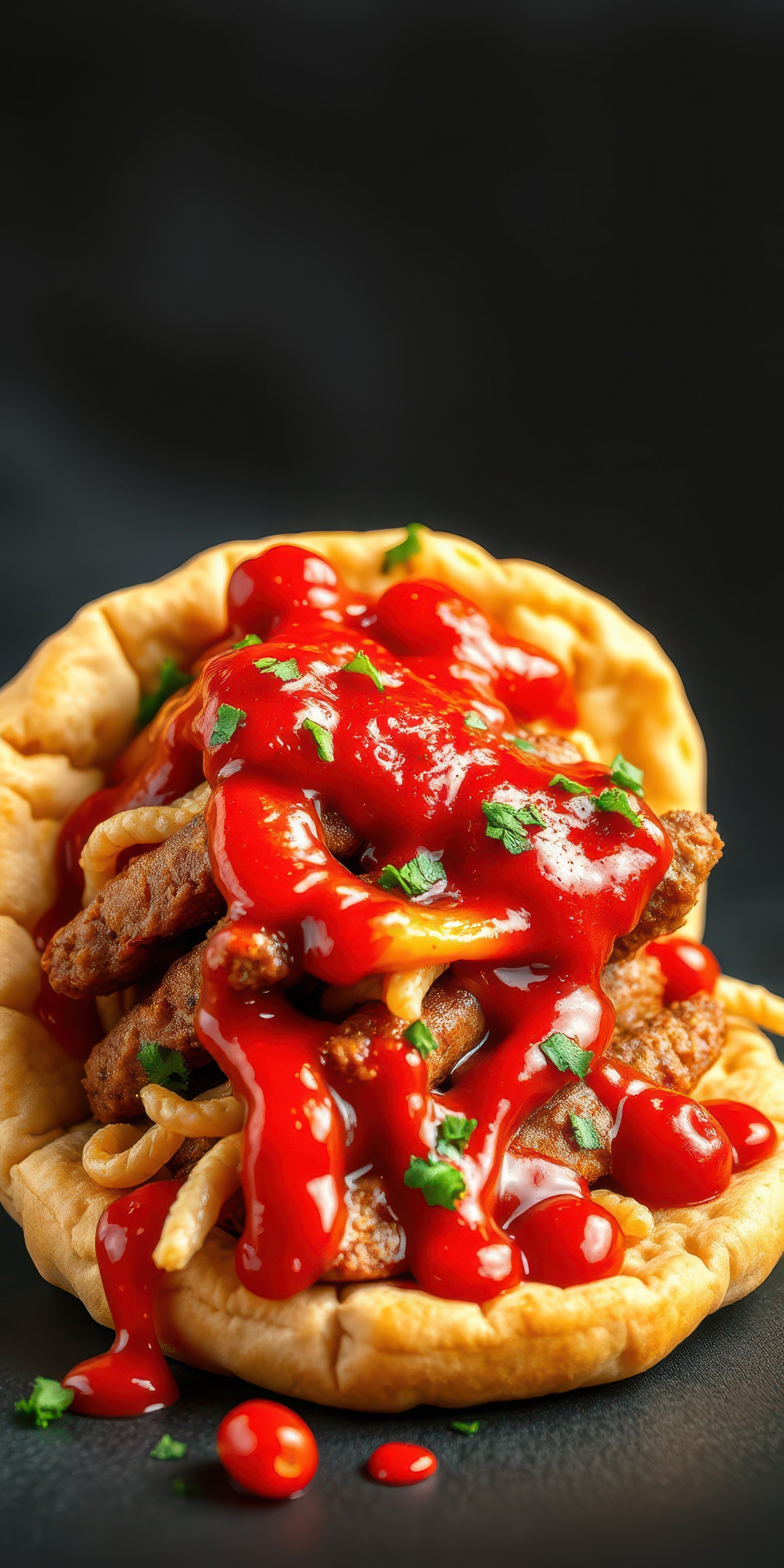 Deliciously stacked flatbread sandwich with savory filling and vibrant sauce
